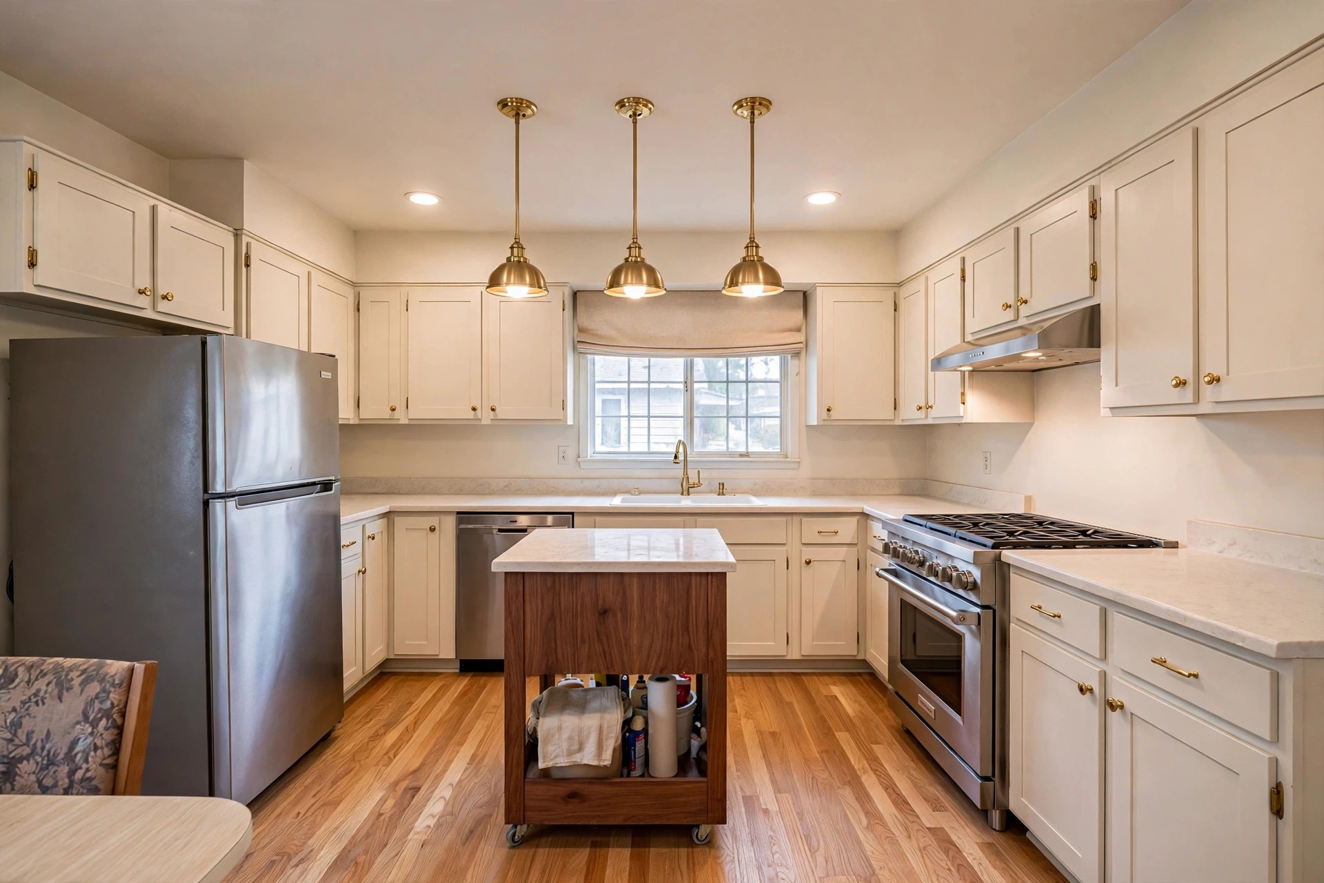 After: the kitchen redesigned — painted ivory shaker cabinets with brass knobs, stone counters, brass pendant lights, a walnut island and warm oak floors