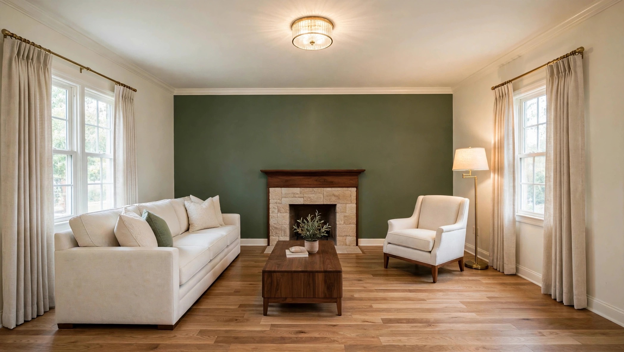 After: the living room redesigned — deep sage accent wall, stone fireplace with a walnut mantel, wide-plank oak floor, ivory sofa and linen drapes
